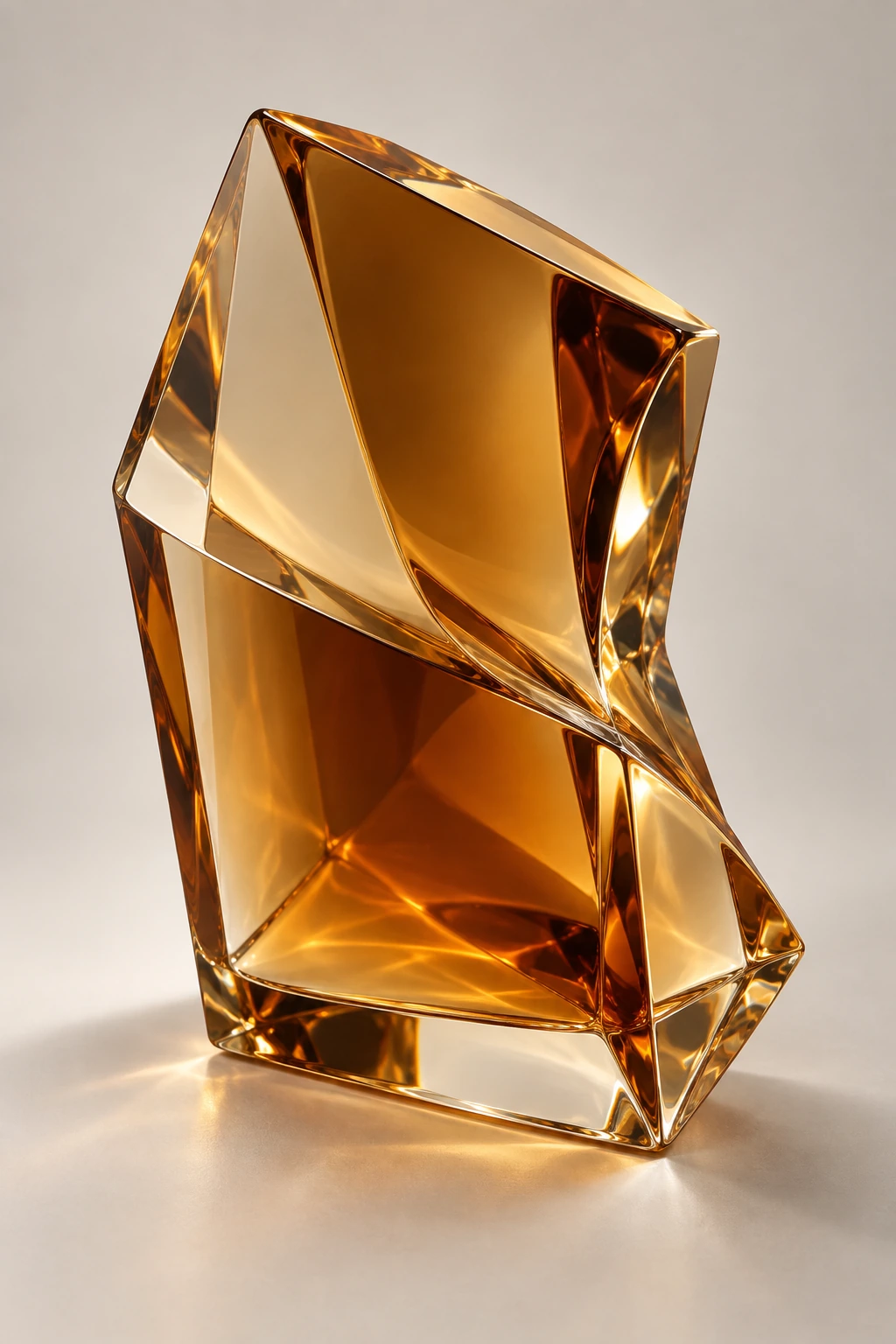 A sculptural amber glass prism with luminous gold reflections